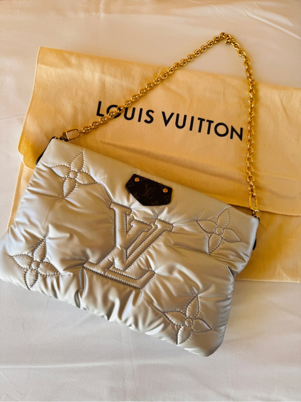 Louis Vuitton Maxi Pochette Silver Quilted Monogram Shoulder Bag with Gold Chain